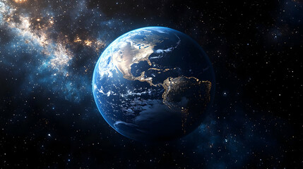 Earth with North and South America with city lights in space.