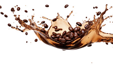 Coffee splash photo with coffee beans isolated on white background.