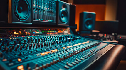 Fototapeta premium An empty home studio equipped with a mixing soundboard panel and various musical instruments, featuring modern electronic controls and DAW software on a PC. Camera angle A.