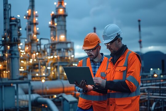 Two men in orange safety vests are looking at a laptop computer