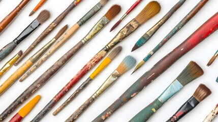 Obraz premium A collection of old paintbrushes on a white background, viewed from above. A creative and artistic concept featuring numerous colorful artist's brushes