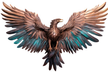 Obraz premium weathered relief wood carving depicting a mythical bird isolated on white background