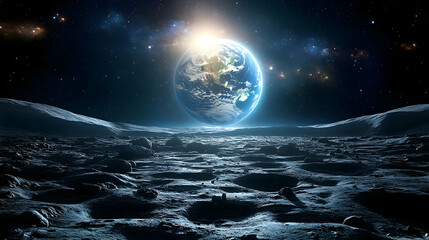 Earthrise over a barren, rocky landscape with a starry sky.