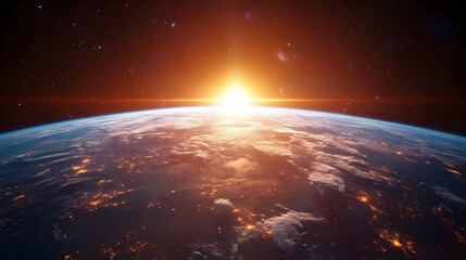 Earthrise over a bright horizon with a scattering of stars.