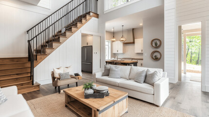 Farmhouse Interior Design of Modern Living Room with Wooden Staircase