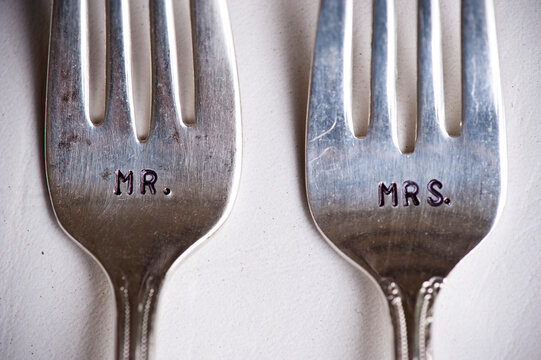 Close-up of Mr. and Mrs. Forks at Wedding, Muskoka, Ontario, Canada