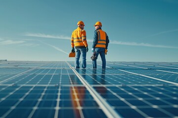 Two men in orange safety vests standing on a solar panel