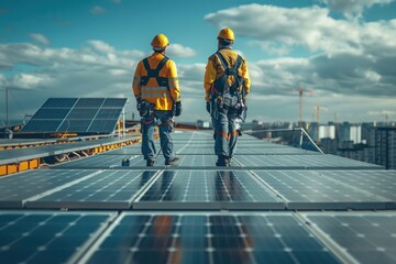 Two men in yellow safety gear are walking on a solar panel