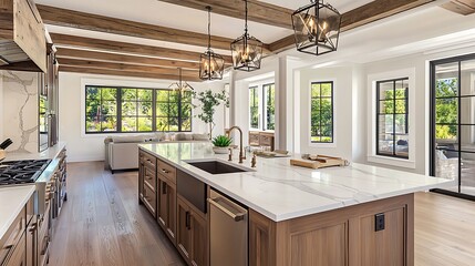 Traditional kitchen in beautiful new luxury home with hardwood floors, wood beams, and large island quartz counters. Includes farmhouse sink, elegant pendant lights, and large windows