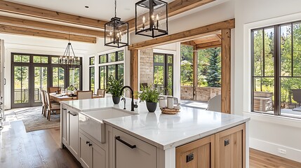 Traditional kitchen in beautiful new luxury home with hardwood floors, wood beams, and large island quartz counters. Includes farmhouse sink, elegant pendant lights, and large windows