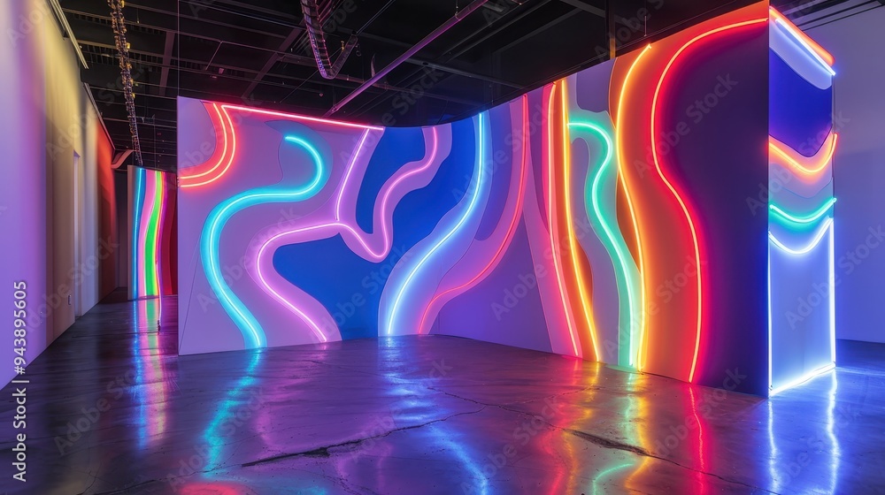 Poster modern art installation with vibrant neon lights showcasing abstract patterns in a gallery setting.