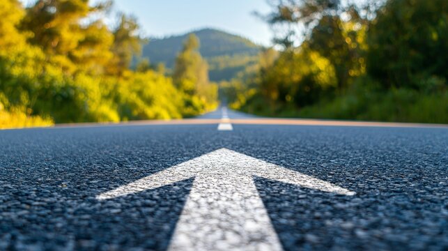 Minimalist image of a straight road with an arrow painted on the asphalt, guiding the way to the horizon, symbolizing focus and achievement