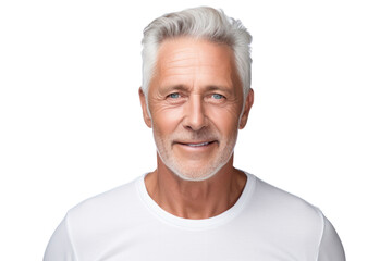 Obraz premium Close-up portrait of an elderly man with gentle eyes, isolated on white background.