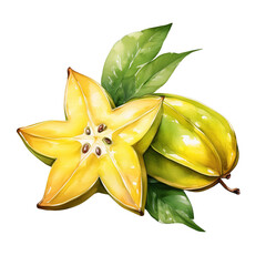 watercolor yellow starfruit with vibrant green leaves. watercolor illustration of tropical fruit.