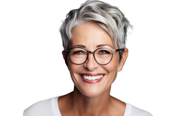 Fototapeta premium Close-up portrait of middle-aged woman with warm smile isolated on white background.