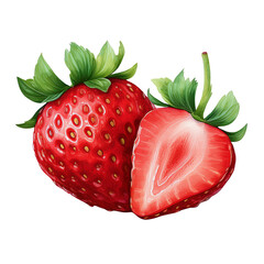 Vibrant fresh strawberries, one whole and one cut open, showcasing the juicy red interior and green leaves.
