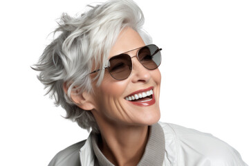 Fototapeta premium Close-up portrait of middle-aged woman with warm smile isolated on white background.