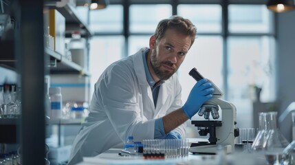 The Scientist Using Microscope