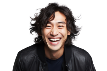 Close-up portrait of cheerful, handsome Chinese man with messy black hair, isolated on white background.