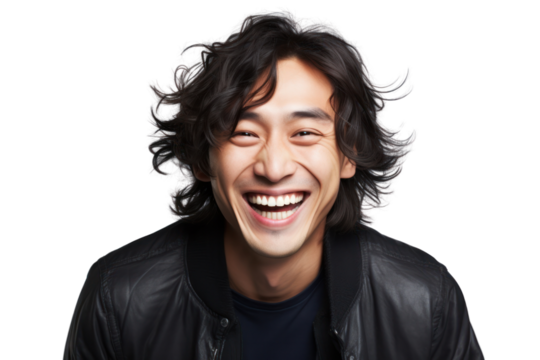 Close-up portrait of cheerful, handsome Chinese man with messy black hair, isolated on white background.