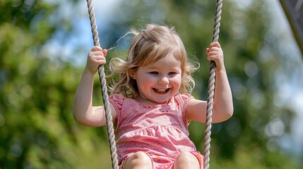 A child playing on a swing set, giggling with joy