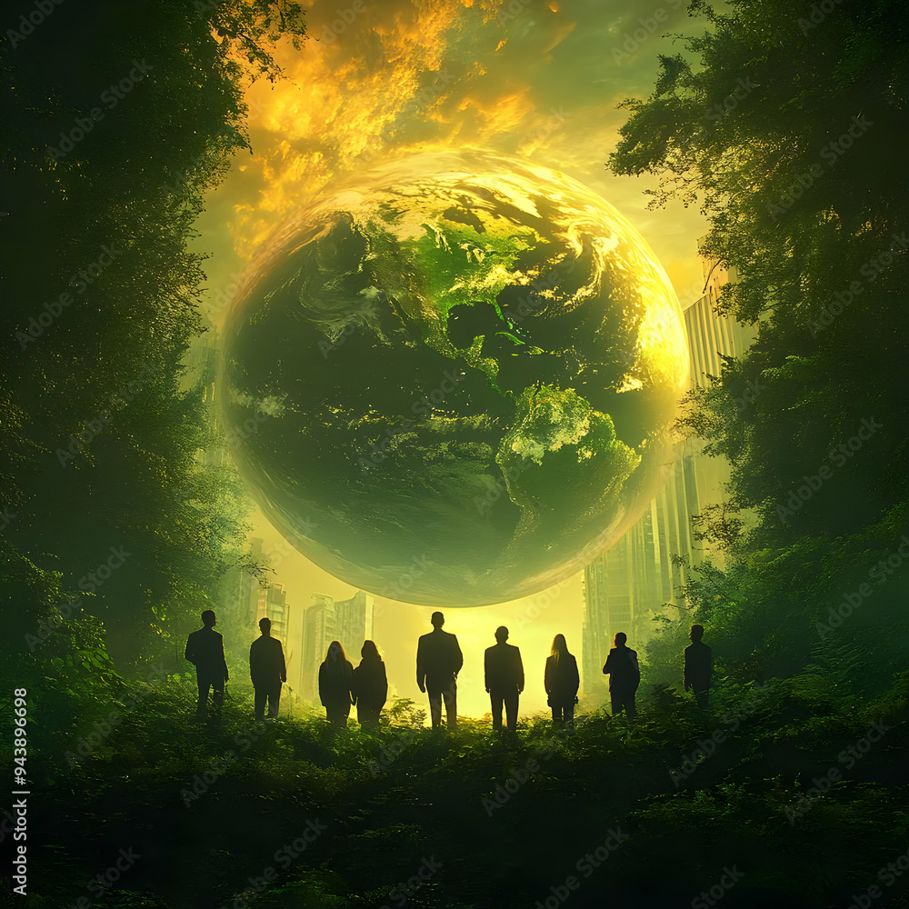 Aufkleber people with earth and environmental project goals concept as a group of people setting environmental