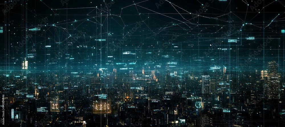 Aufkleber a digital cityscape with interconnected nodes and cybernetic structures