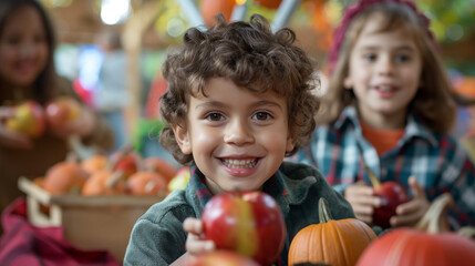 Fototapeta premium Kids with a Harvest Festival: Kids enjoying a school harvest festival, with games, pumpkin painting, and fall treats like caramel apples, with copy space