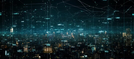 Obraz premium A digital cityscape with interconnected nodes and cybernetic structures