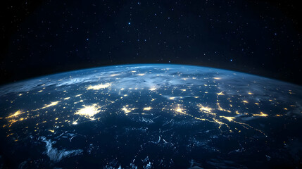 Earth's night sky view, glowing city lights across the continents.