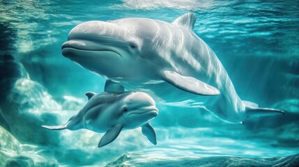 A type of beluga whale or Latin name Delphinapterus leucas with its calf which is threatened with extinction background wallpaper AI generated image