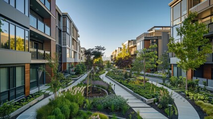 Serene Urban Oasis: Panoramic View of Residential Complex with Green Spaces and Community Gardens