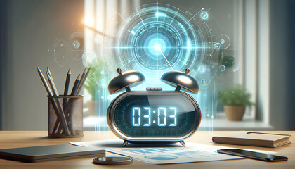 Flat Digital alarm clock with holographic time hovering above concept as A digital alarm clock sits on a white surface with the time displayed as a holographic projection hovering above. The scene is 