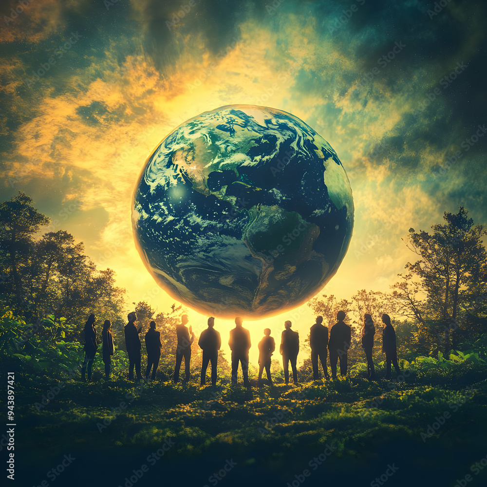 Aufkleber people with earth and environmental project goals concept as a group of people setting environmental