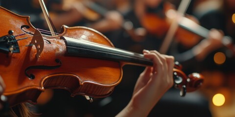 Fototapeta premium Virtuoso Violinist Performs in Symphony Orchestra: Passionate Musician Showcases Talent at Classical Concert. Elegant Artistic Expression through String Instrument in Live Performance. Perfect for Cul