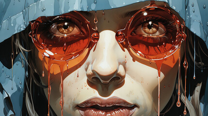A close-up portrait of a woman's face with orange sunglasses and water dripping down her face.