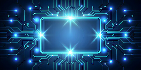 Flat Quantum circuit border with glowing lines and central copy space concept as A quantum themed border frame with glowing circuit lines that frame a central copy space. The design is intricate repre