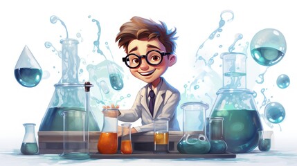 Illustration of a child chemist doing research, wearing a lab coat and carrying a conical flask.