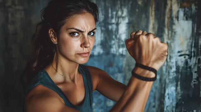 una mujer fuerte en pose de lucha o esfuerzo haciendo entrenamiento fisico con su cuerpo