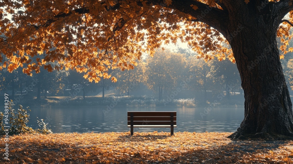 Poster a bench is sitting under a tree in a park