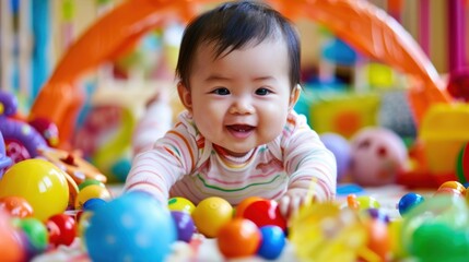 Obraz premium Asian baby playing with colorful toys, showing curiosity and joy
