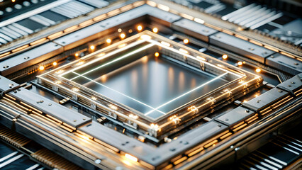 Quantum circuit border with glowing lines and central copy space concept as A quantum themed border frame with glowing circuit lines that frame a central copy space. The design is intricate representi