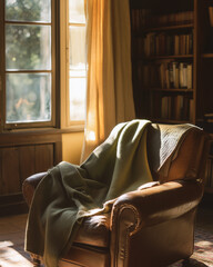 green blanket draped over a leather armchair in a cozy room
