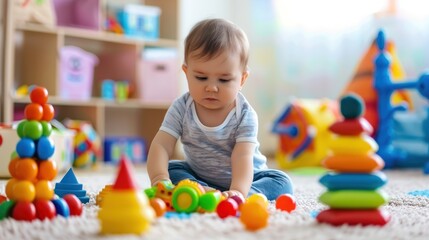 Cute baby playing with colorful toys, showing curiosity and joy