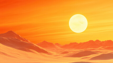 Obraz premium Vibrant sunset over a surreal landscape with soft, rolling hills and a large sun casting warm orange hues across the scene