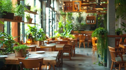 Fototapeta premium Harmonious Biophilic Restaurant Design Featuring Indoor Garden and Natural Wood Furnishings