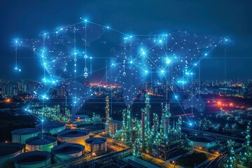 Obraz premium A city skyline with a network of lights and dots that represent the city