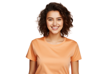 Cheerful smiling young woman in casual t-shirt isolated on white background