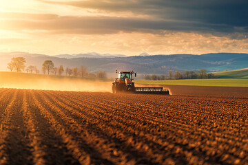Fototapeta premium A tractor is driving through a field of dirt