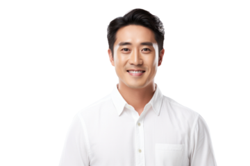 Cheerful, handsome, positive Chinese man with a genuine smile, isolated on a white background.